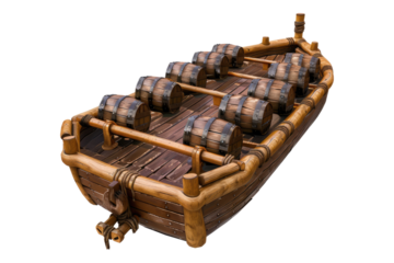 wooden raft with empty floating drums isolated on transparent background