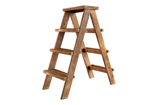 Wooden three steps folding ladder isolated on transparent background