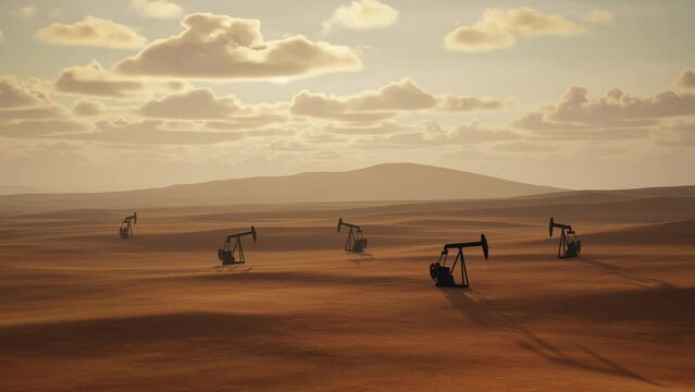 Oil wells on desert sand. Golden sands, liquid black gold.
