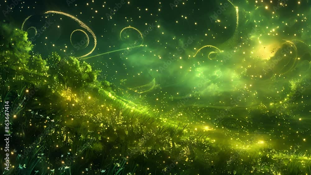 Poster as a gentle rain falls on the lush verdant landscape tiny flecks of pollen swirl and spiral in the a