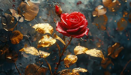 Red rose with golden leaves paint on wall, oil painting style, 3D painting flower background.