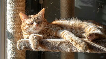 Sunbathing Sanctuary: A ginger cat stretches out luxuriously on a sun-drenched platform of a cat condo, enjoying the warmth and comfort. --ar 16:9 Job ID: d443ea8f-a15f-43b6-82fa-8c4f8cb68671