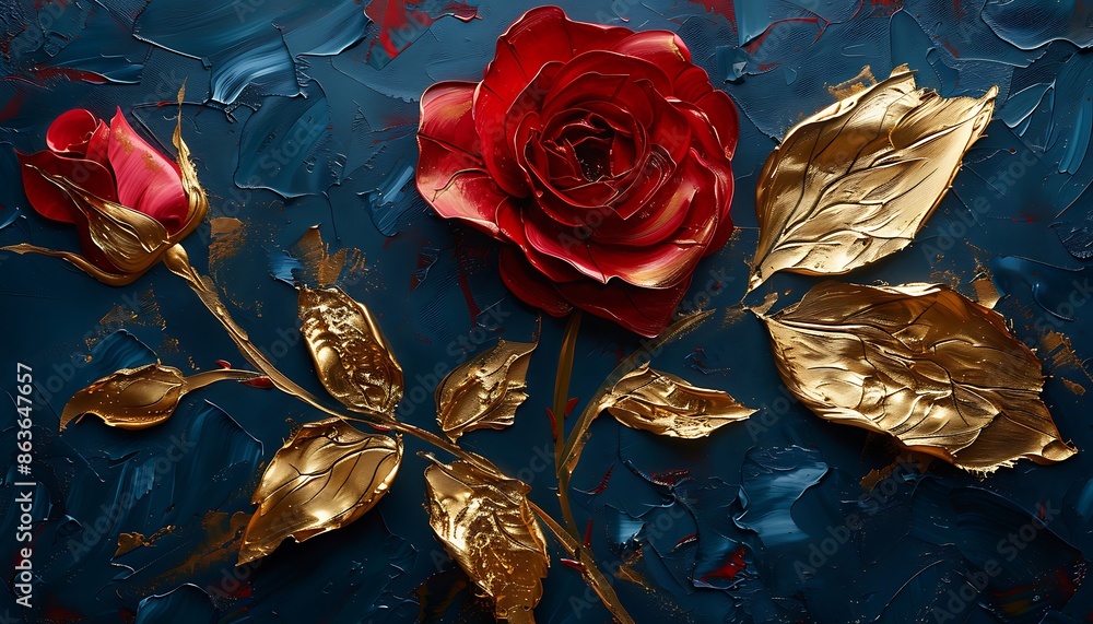 Wall mural red rose with golden leaves paint on dark blue wall, oil painting style, 3d painting flower backgrou