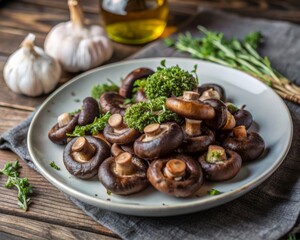 Fototapeta premium A dish of garlic and herb mushrooms, perfect for the DASH diet. These savory mushrooms are garnished with fresh parsley and make a delicious appetizer or side.