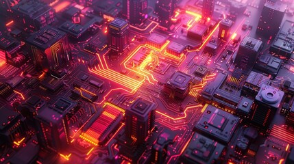 Futuristic city layout with neon lights representing a digital circuit board, symbolizing modern technology and connectivity.