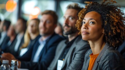Fototapeta premium Attentive woman listening to presentation at business conference.