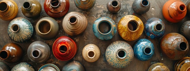  A collection of vases aligned on a wooden table, adjacent to a wall
