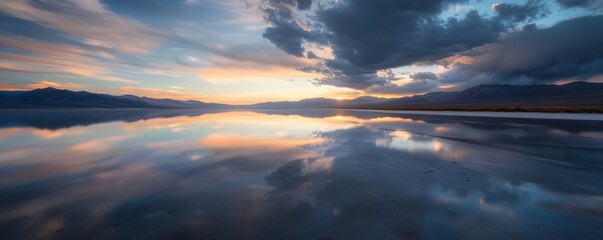 Stunning sunset over calm lake with mountains and dramatic clouds reflected on the water surface, creating a serene and picturesque landscape.
