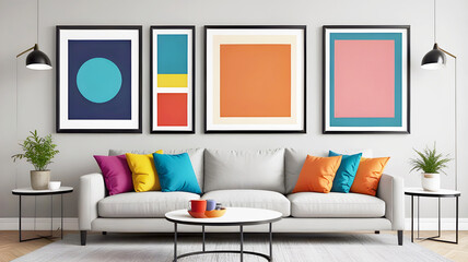 Light gray sofa with coloring pillows in front of wall with Poster Frames: Pop Art and Scandinavian Home Interior Design for Modern Living Room