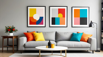 Light gray sofa with coloring pillows in front of wall with Poster Frames: Pop Art and Scandinavian Home Interior Design for Modern Living Room