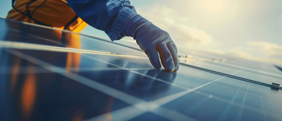Close-up of a hand inspecting solar panels, clean energy and innovation concept.