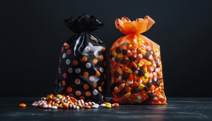 Two bags of Halloween candy wrapped in festive plastic with colorful treats, perfect for trick-or-treating and Halloween parties.