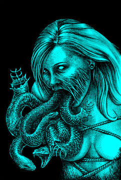 women sacry with snake out of her mouth 