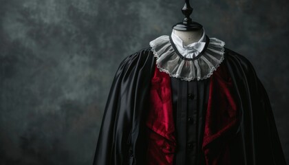 Naklejka premium Vintage black academic gown with elegant white ruff collar and deep red bodice on a mannequin against a dark background.