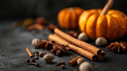 Warm autumn spices with cinnamon sticks, star anise, and pumpkins on a dark background creating a cozy and seasonal ambiance. © narak0rn