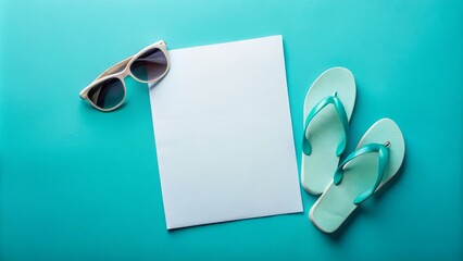 Elegant white letter paper mockup on a turquoise background with summer elements like sunglasses and flip-flops, top view, with copy space for text.