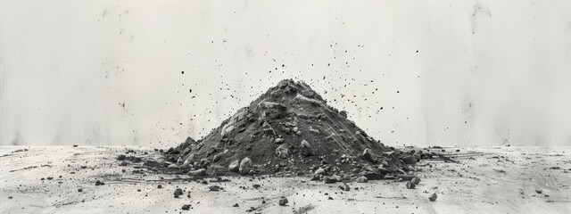  A monochrome image of a dirt mound against a white floor and wall background