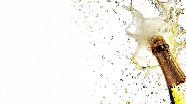 Closeup of a champagne bottle being uncorked, with bubbles and froth spilling over, isolated on a white background with ample copy space