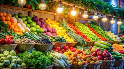 Colorful market display of fresh fruits and vegetables under soft light, market, fresh, fruits, vegetables, colorful, display