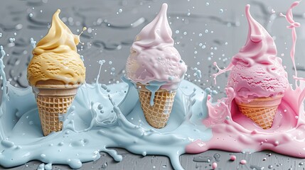 Three ice cream cones with blue, pink and yellow ice cream dripping from them