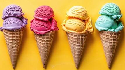 Four ice cream cones with different colors of ice cream