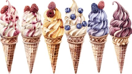 A row of six ice cream cones with different flavors and toppings