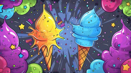 A colorful drawing of two ice cream cones with a blue one on the right