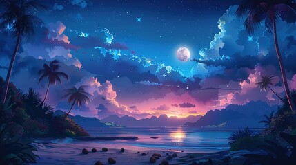 Nighttime Tropical Island with Moonlit Sky
