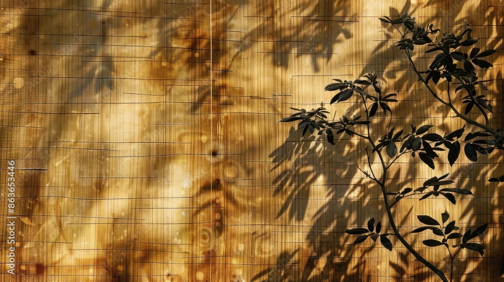 Poster abstract asian inspired background with shadowy trees on bamboo patterned blind window texture