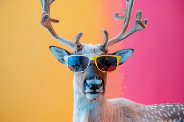 Funny reindeer with sunglasses in a brightly colored studio setting