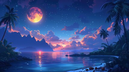 Moonlit Island with Palm Trees and Cloudy Sky