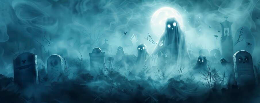 A dark cemetery at night with a full moon. A spooky ghost is rising from the ground. tombstones and a creepy church are in the background.