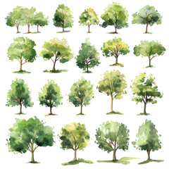 Watercolor Illustrations of Various Trees in Different Shapes and Colors