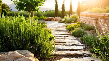 Obraz premium Scenic Garden Path with Blooming Rosemary and Natural Paving Stones