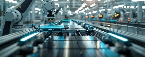 Industrial robotic arm assembling components on a high-tech futuristic factory production line