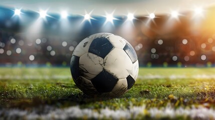 Fototapeta premium Dramatic Soccer Ball Kick in a Floodlit Stadium with Blurred Spectators