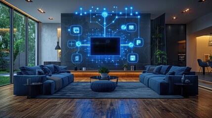 Smart Home Interior with Blue Futuristic Interface