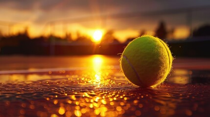 Tennis ball on the tennis court with sunset. Sport background.