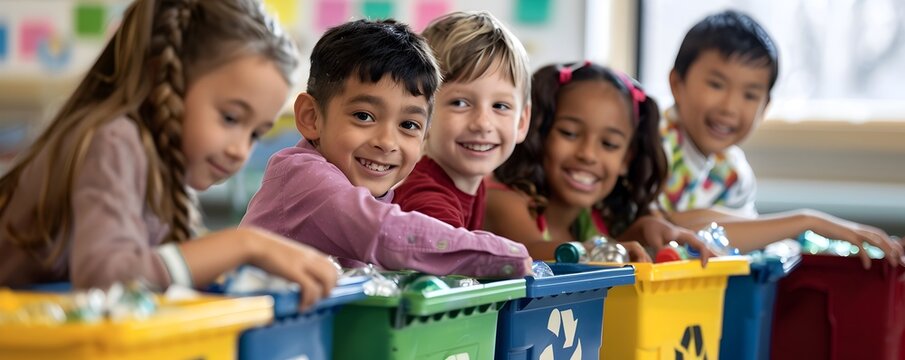 Diverse Children Exploring Recycling and Sustainability in Classroom Setting - Powered by Adobe