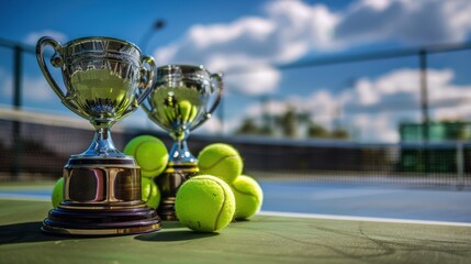 Tennis balls and championship trophies placed on top the tennis court