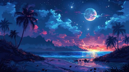 Tropical Night Scene with Coconut Palms