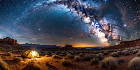 Starry night camping in the Utah desert, clear Milky Way, high-resolution panorama, Utah, desert, camping