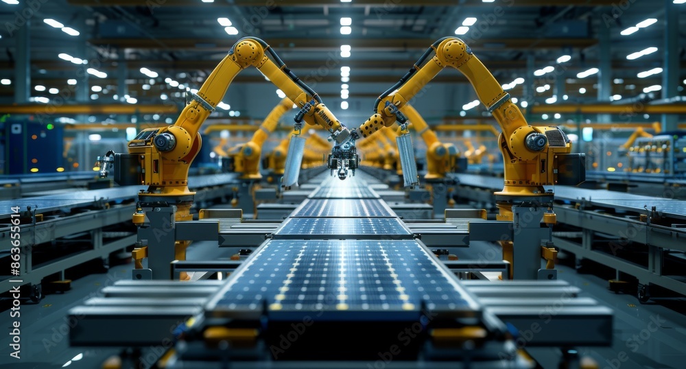 Poster automated robotic arms working on conveyor belt in high-tech factory