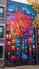 A brick wall with a mural of a colorful cityscape. 
