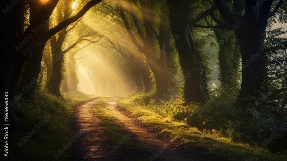 Poster enchanting forest pathway with beams of sunlight filtering through the trees, creating a mystical at