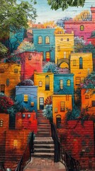 Fototapeta premium A brick wall with a mural of a colorful cityscape. 