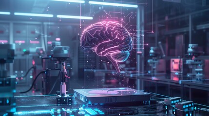 Obraz premium A highly detailed 3D rendering of a human brain surrounded by futuristic technology. 
