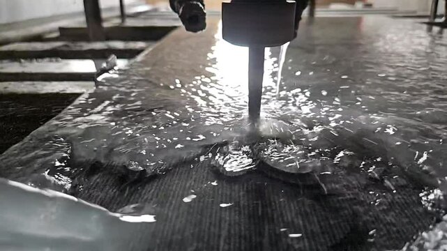 Diamond cutting scene with Computer Numerical Control (CNC) machine. Water jets fly in different directions, slow motion.