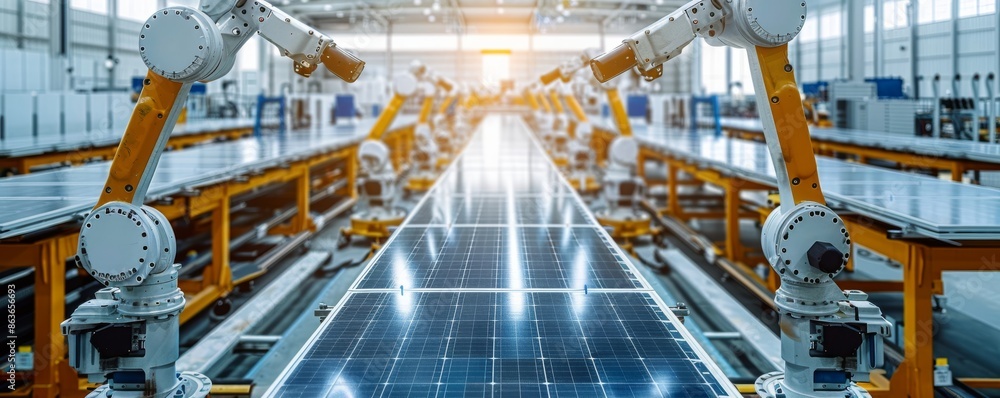 Poster automated production line in a modern photovoltaic factory with robotic arms assembling solar panels