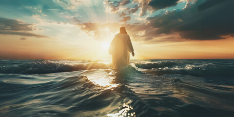 Jesus walking on water at sunset